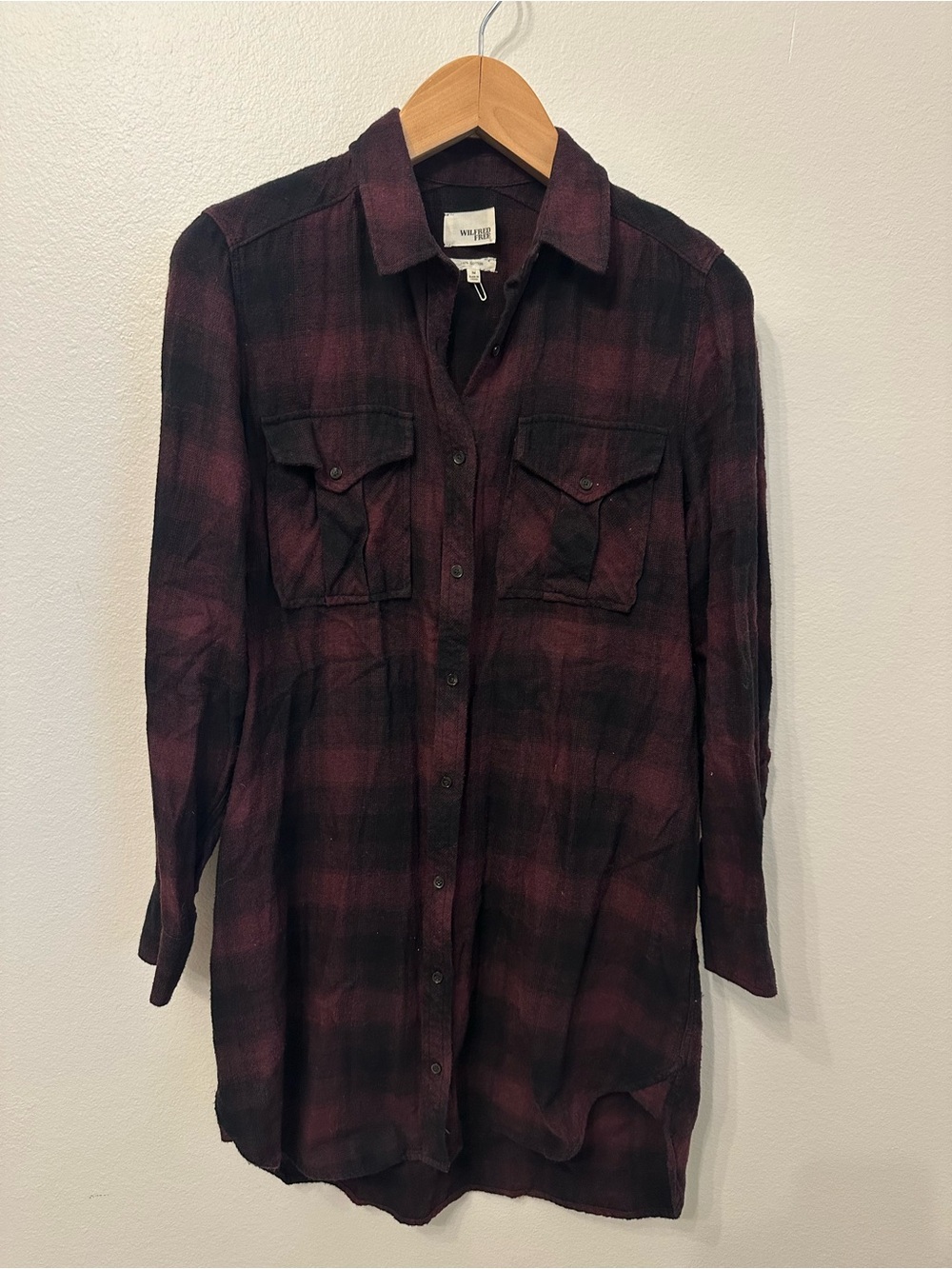 Wilfred Free Aritzia Veronica Burgundy and Black Plaid Button-Down Dress